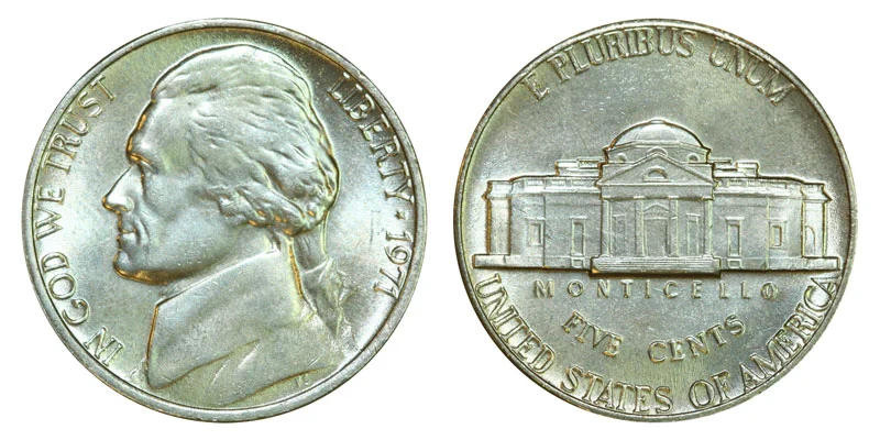 1971 Jefferson nickel obverse and reverse showing both Philadelphia and Denver mint mark versions