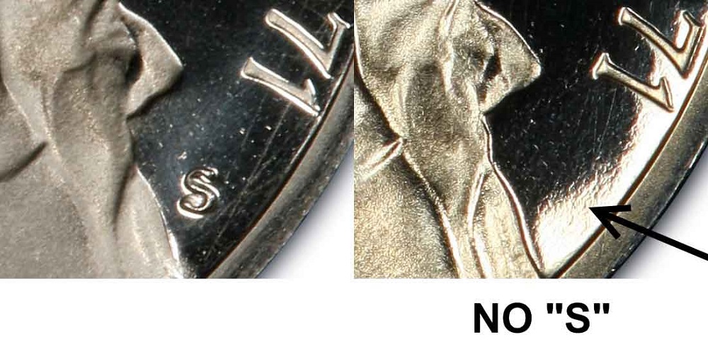 Side-by-side comparison of 1971 Philadelphia business strike versus 1971 No-S Proof nickel showing surface and rim differences