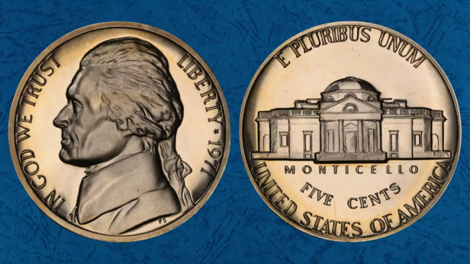 Close-up of 1971 No-S Proof Jefferson nickel obverse showing blank mintmark area and mirror proof surfaces