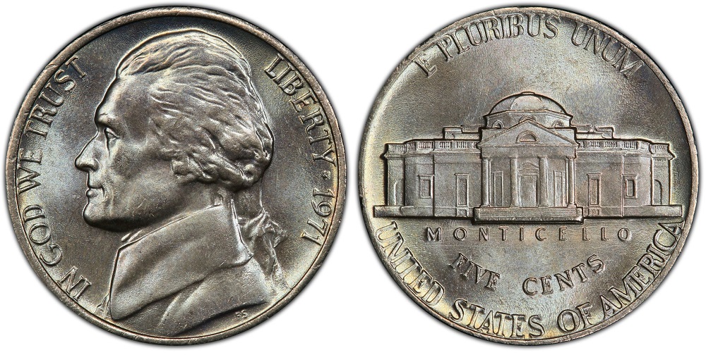 Close-up of 1971 Jefferson nickel reverse showing fully separated Monticello steps earning the Full Steps designation