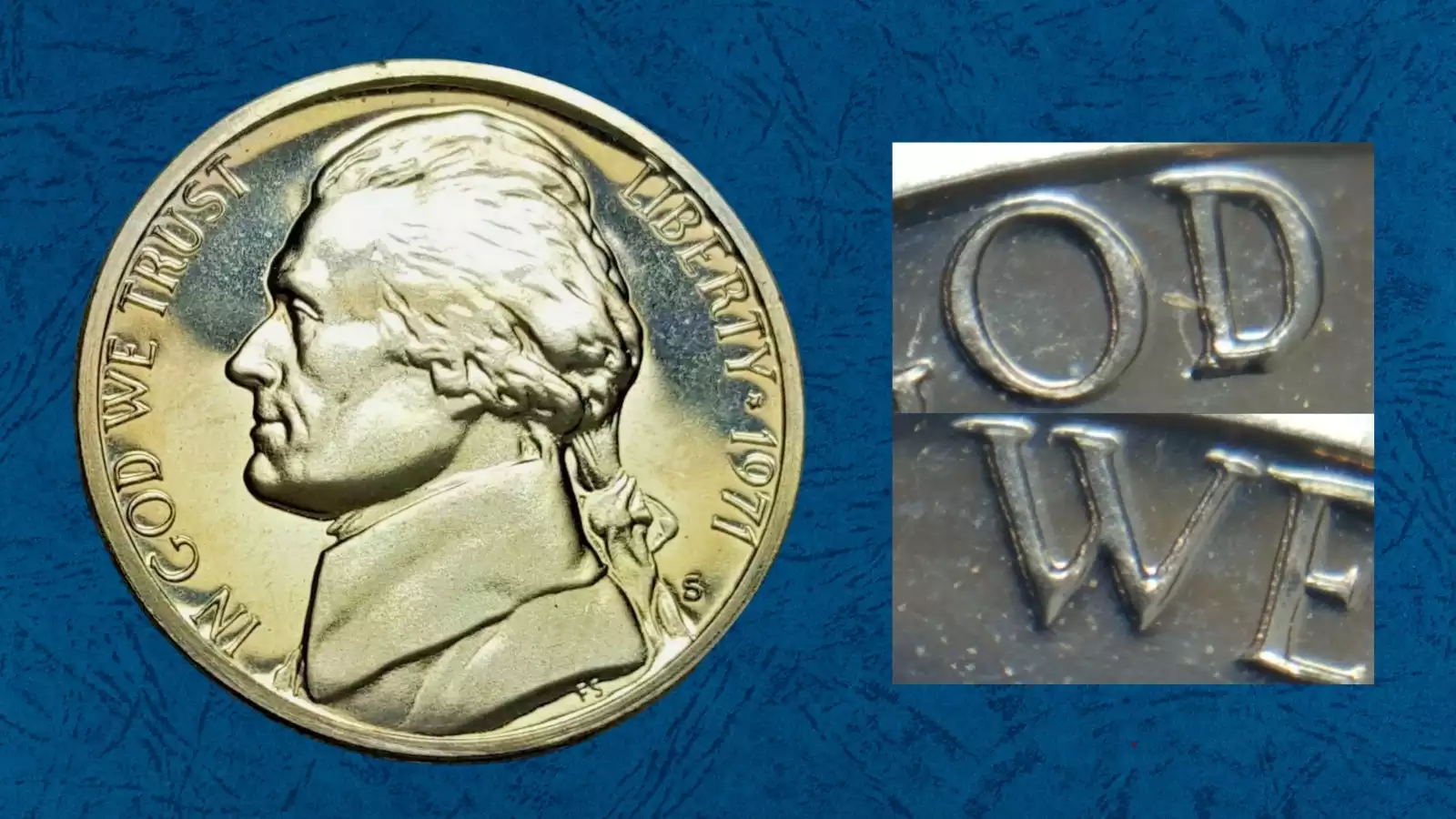 Macro close-up of 1971 Jefferson nickel doubled die obverse showing doubling on LIBERTY inscription near the rim