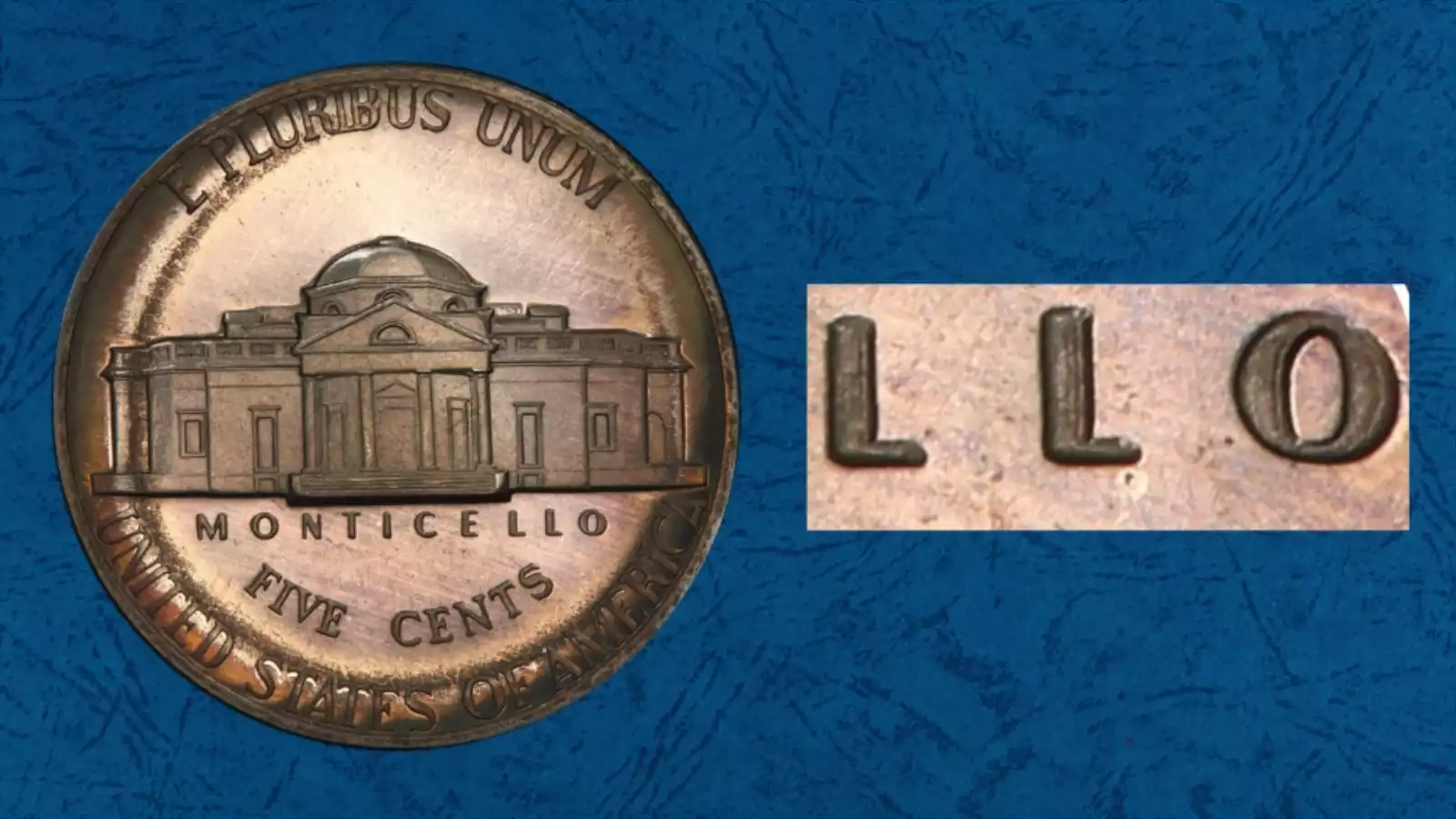 Macro close-up of 1971 Jefferson nickel reverse showing doubled die doubling on MONTICELLO or FIVE CENTS lettering