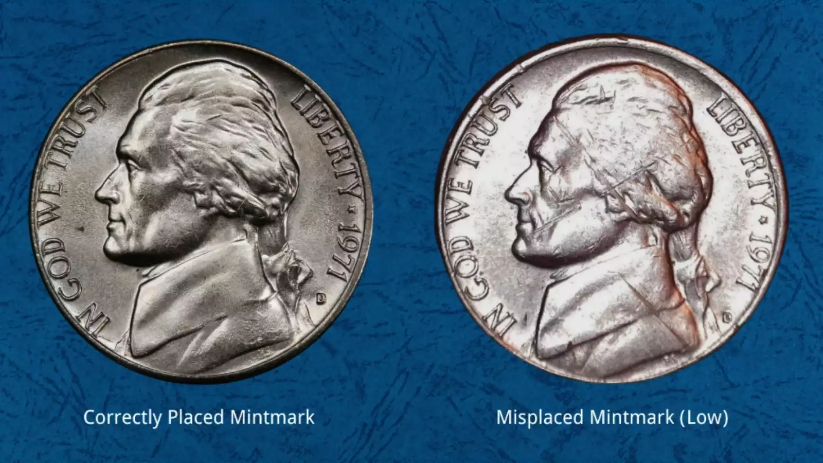 Close-up of 1971-D Jefferson nickel obverse showing misplaced D mintmark in an off-center or tilted position