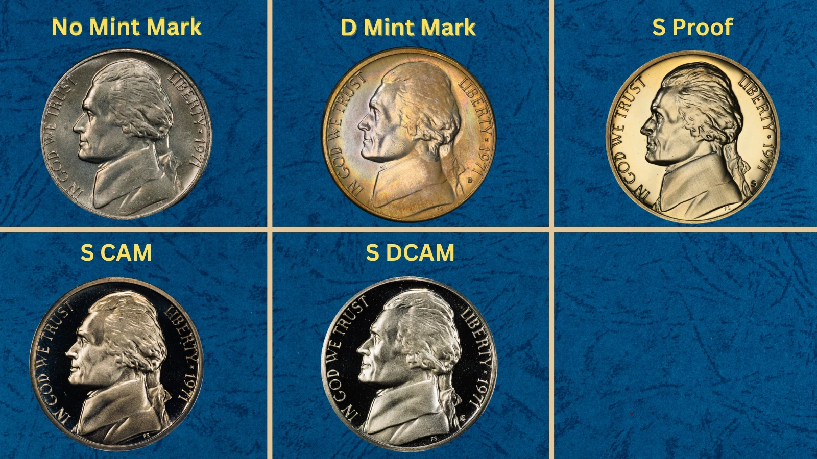 Group of 1971 Jefferson nickel specimens showing Philadelphia, Denver, and San Francisco proof varieties side by side